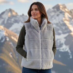 BAILEY 44 LIGHT GRAY FAUX FUR VEST LUXURIOUS PLUSH WINTER SKI WEAR SIZE L-XL